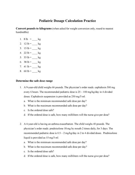 Pediatric Dosage Calculation Practice The Physicians Order Reads