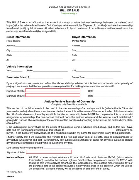 Kansas Motor Vehicle Bill Of Sale Form Tr 312 Eforms