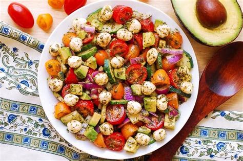 On the side, salads tagged with: Avocado Salad with Tomatoes, Mozzarella, Basil Pesto ...
