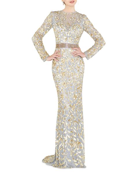 Mac Duggal Sequin High Neck Long Sleeve Illusion Gown W Open Back