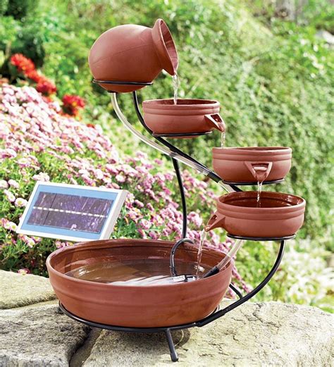 Terra Cotta Solar Powered Cascade Fountain With Ceramic Bowls And Metal
