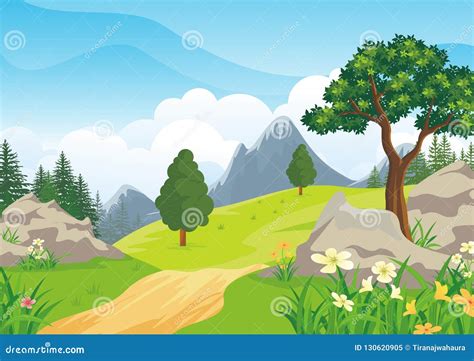 Landscape With Rocky Hill Lovely And Cute Scenery Cartoon Design