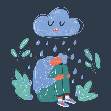 Vector Illustration Of Sad Man Under Rain Cloud On Dark Stock Vector