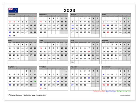 2023 Printable Calendar “new Zealand Ms” Michel Zbinden Nz