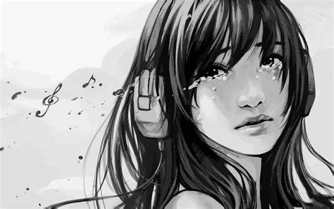 download crying sad anime girl black and white desktop wallpaper