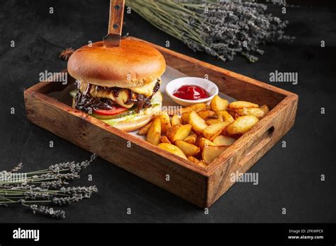 Beef Meat Burger Set With Fries And Ketchup Stock Photo Alamy