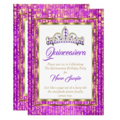 The quinceanera is often given the gift of a ring during her ceremony which symbolizes. Regal Princess Purple Quinceanera Gold White Invitation ...