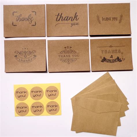 6pcs Thank You Kraft Paper Envelopes 6pcs Paper Card 6pcs Seal Sticker