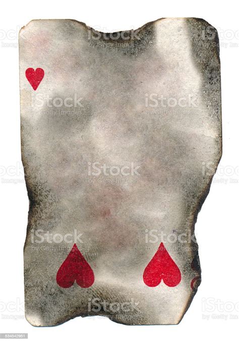 Old Burnt Grunge Playing Card Paper With Red Hearts Isolated Stock