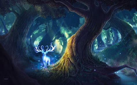 Download Wallpapers 4k Deer Night Magic Forest Art For Desktop With