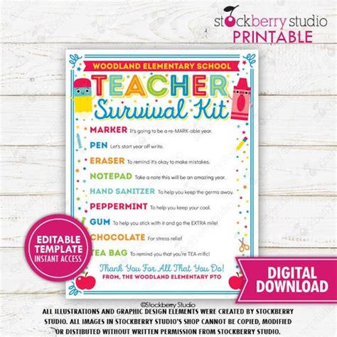 Teacher Survival Kit Printable Back To School T Pto Pta Thank You Teacher Appreciation Idea