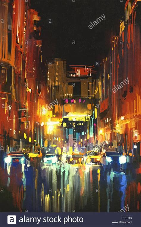 Rain With Reflections On Wet Street City Scape Painting City