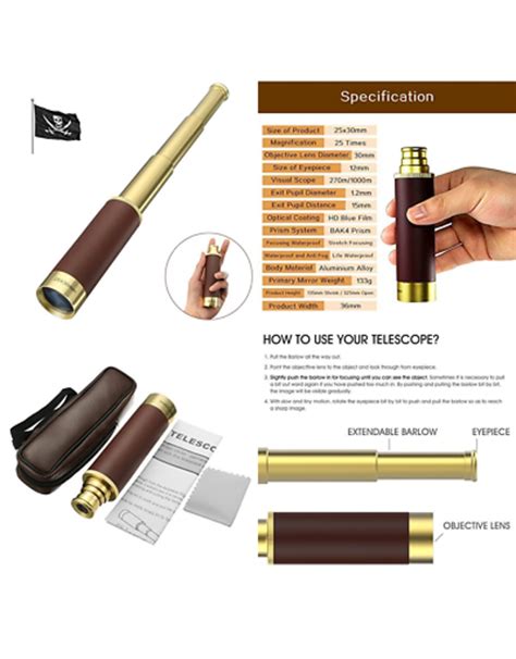 25x30 Zoomable Spyglass Pirate Brass Telescope Collapsible Handheld