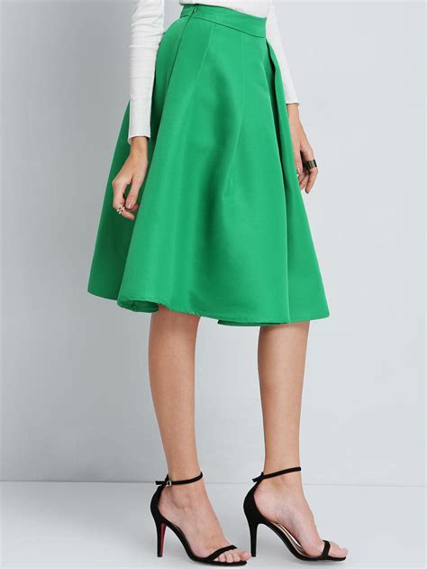 Green Flare Pleated Midi Skirt Sheinsheinside