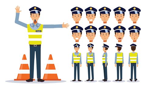 Traffic Policeman In Various Views Cartoon Style 3374175 Vector Art