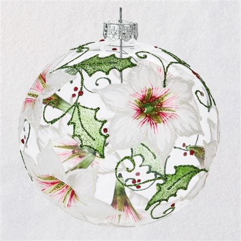 Poinsettia Flower And Holly Ball Blown Glass Ornament Keepsake