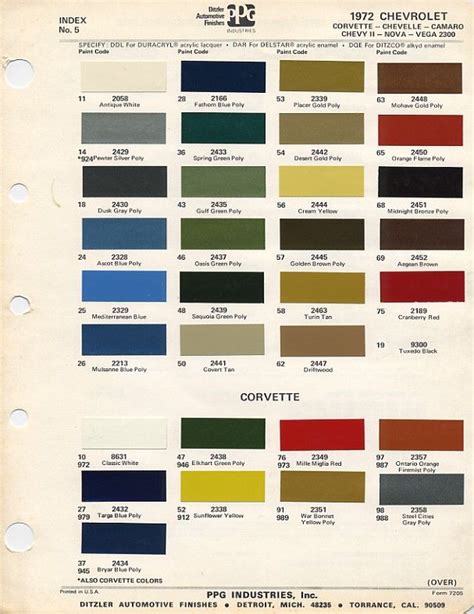 Chevrolet Car Colors Chart