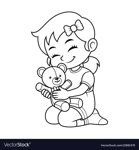 Girl Playing With Her Bear Doll Bw Royalty Free Vector Image