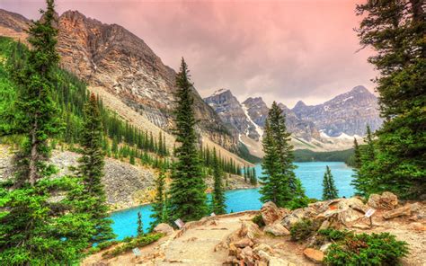 Download Wallpapers Canada Moraine Lake 4k Banff Sunset Forest