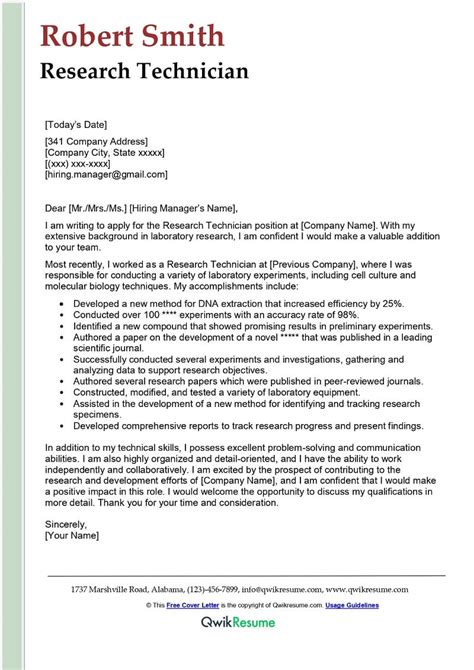 Research Technician Cover Letter Examples Qwikresume