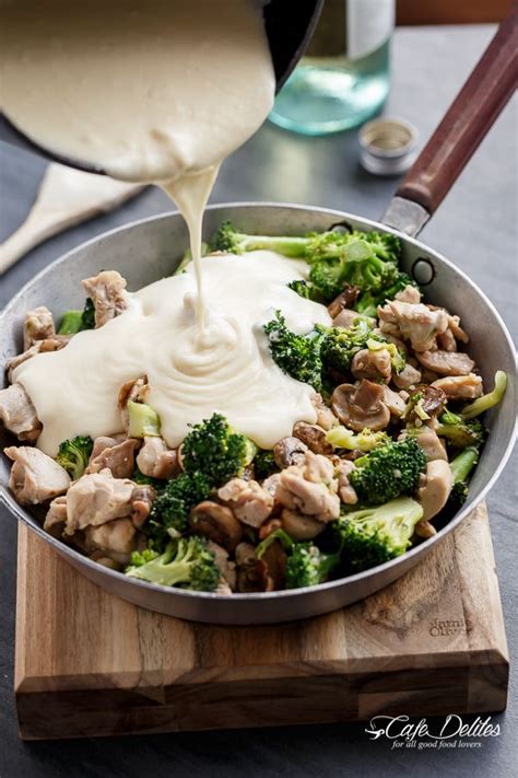 This cheesy broccoli chicken casserole makes a quick meal. Chicken and Mushrooms in a Creamy White Wine Sauce | http://cafedelites.com | White wine sauce ...