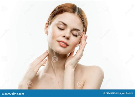 Woman Holding Glamor Face Attractive Look Naked Shoulders Closed Eyes Stock Photo Image Of