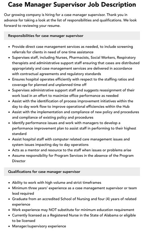 Case Manager Supervisor Job Description Velvet Jobs