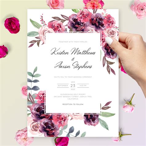 Elegant Burgundy Floral Wedding Invitation Template Online Maker