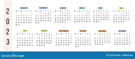 English Calendar 2023 Year Vector Horizontal Stationery Calendar Week