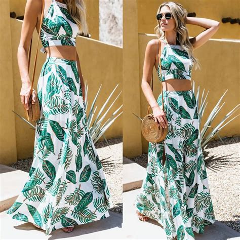 Fashion 2 Piece Summer Women Short Toplong Bohemian Dress Set Crop