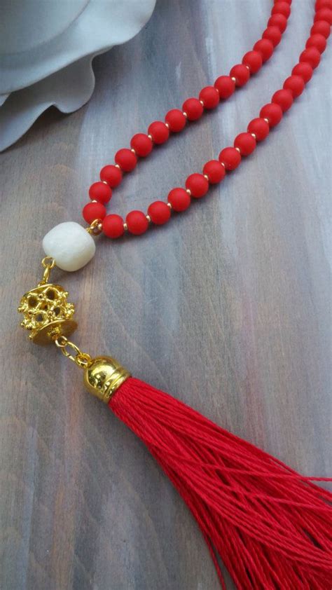Long Beaded Red Tassel Necklace Red Beaded Tassel Necklace Long