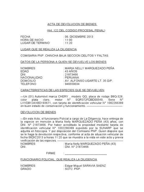 Acta De Entrega De Vehiculo Y Documentos Pdf Transporte