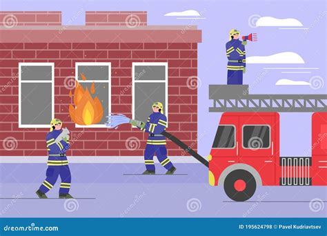 Team Firefighters Extinguish One Story House Cartoon Vector