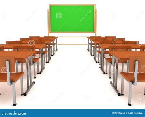 Classroom Interior With Blackboard And Wood Desks Stock Photo Image