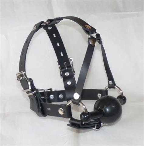 Real Leather Locking Pony Play Mm Black Ball Gag Bdsm Head Harness