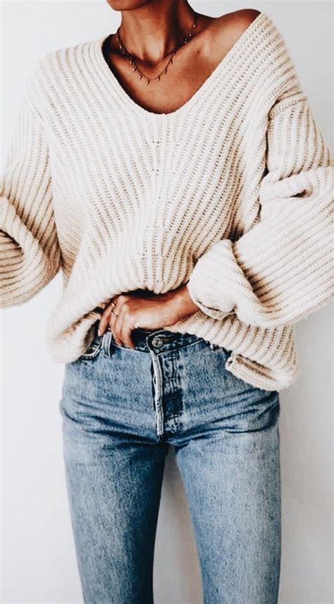 Oversized Off The Shoulder Beige Sweater With Denim Jeans Fashion