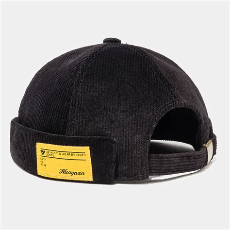 Mens Black Corduroy Adjustable Solid French Brimless Hats Vogue Retro