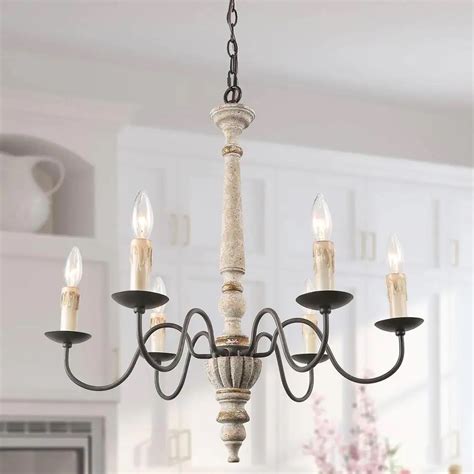 LNC 6 Light Rustic Chandelier Distressed White Wood Bronze Classic
