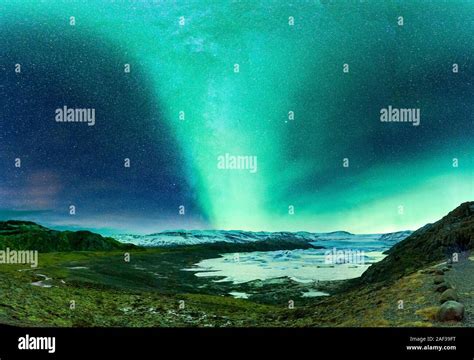 Aurora Borealis And The Milky Way Hoffellsjokull Glacier Iceland