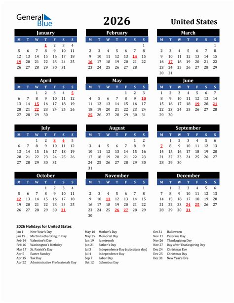 2026 United States Holiday Calendar