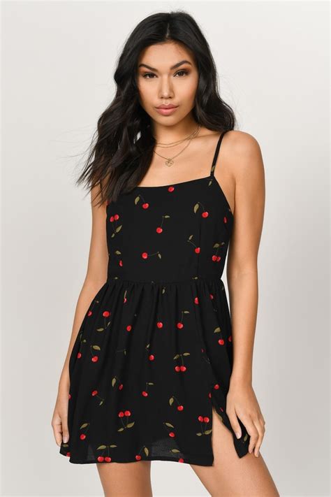 Black Skater Dress Cherry Print Mini Dress Ruffle Cami Dress