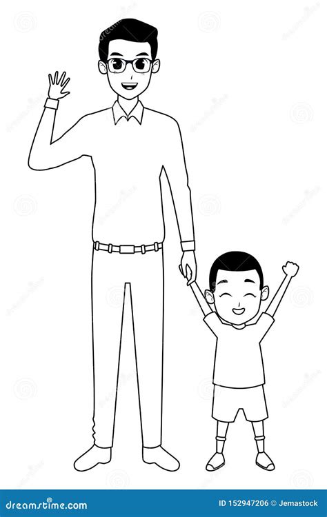 Single Father With Little Son Cartoon In Black And White Stock Vector