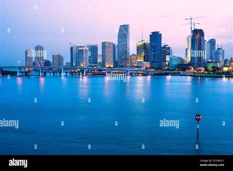 Miami Florida United States Skyline Of Downtown Miami At Dusk Stock