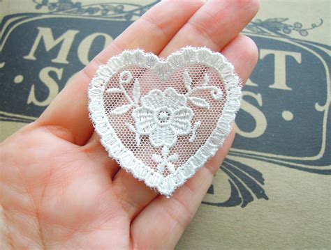 6 Embroidered Lace Hearts White Mesh Lace Hearts Wedding