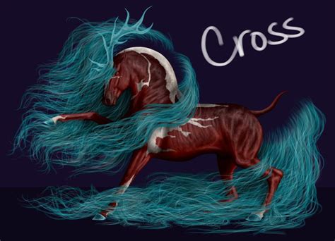 A Horse With Long Blue Hair On Its Back And The Words Cross In White
