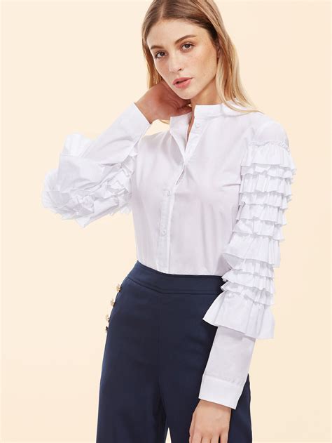 white band collar layered ruffle sleeve blouse layered ruffle sleeve blouse fashion outfits