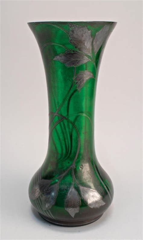 Art Nouveau Glass Vase In Emerald Green With Acid Cut And Si