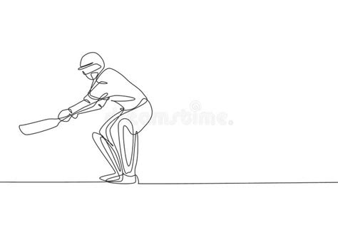 Single Continuous Line Drawing Young Agile Man Cricket Player Practice