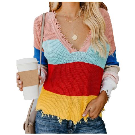 womens ripped sweater rainbow striped v neck multi color block long sleeve loose casual knit