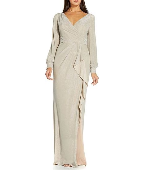 Adrianna Papell Metallic Knit Faux Wrap Surplice V Neck High Slit Long Sleeve Ruffle Gown